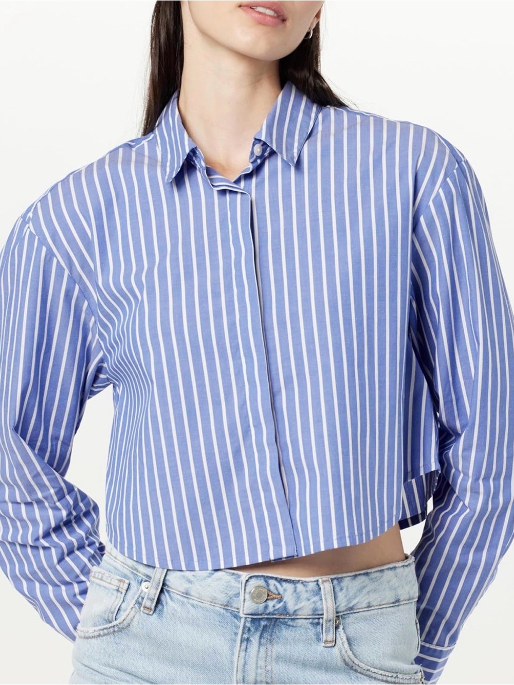 Striped White Cropped Button-Up Shirt - Casual Women's Top